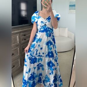 Blue Floral Puff Sleeve Dress